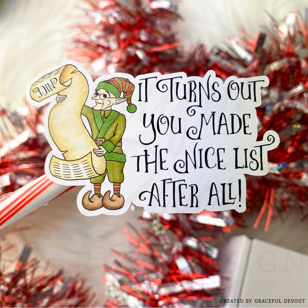 Elf Gift Wrap Stickers. “It Turns Out You Made The Nice List After All”- (24ct.) - Picture 2 of 5
